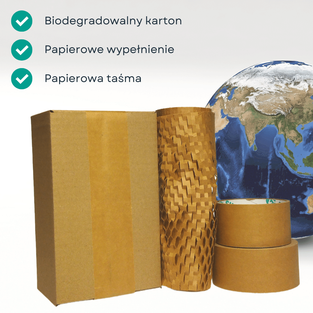 Ekologiczne materiały do pakowania, papierowa taśma i papierowe wypełnienie paczki.